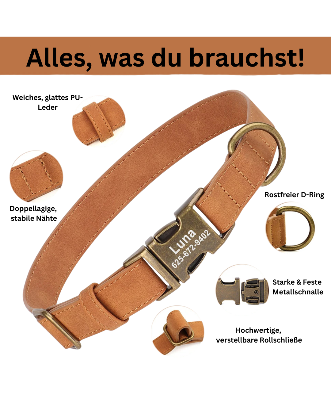 Rocky - Lederoptik-Halsband Personalisiert
